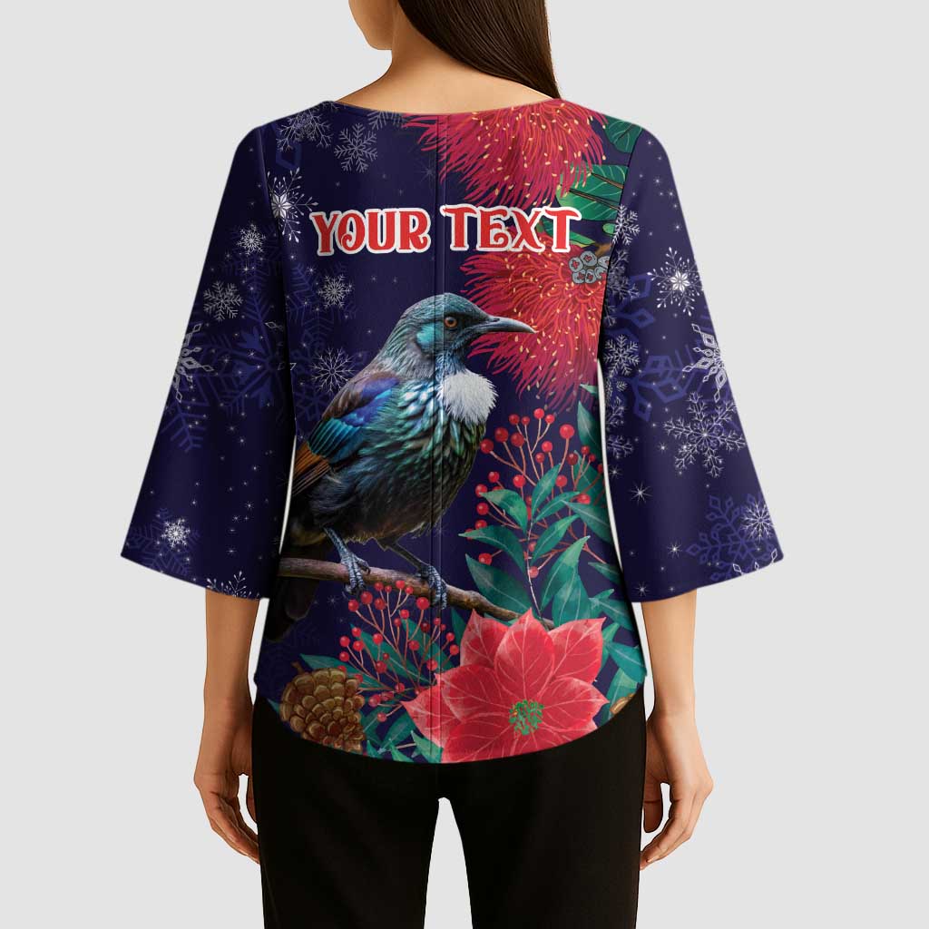 Tui Meri Kirihimete Personalised Kimono Sleeve Blouse Pohutukawa Flowers Blue Motif - Polynesian Pride
