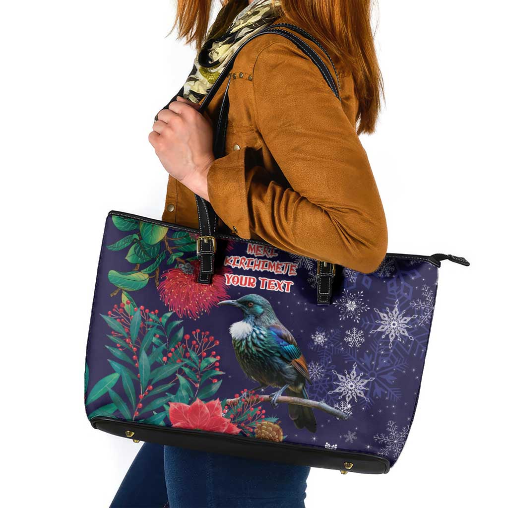 Tui Meri Kirihimete Personalised Leather Tote Bag Pohutukawa Flowers Blue Motif LT9 Blue - Polynesian Pride