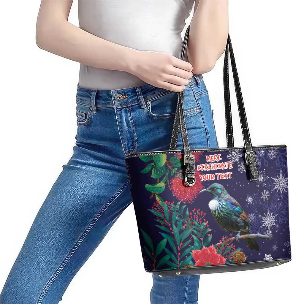 Tui Meri Kirihimete Personalised Leather Tote Bag Pohutukawa Flowers Blue Motif - Polynesian Pride