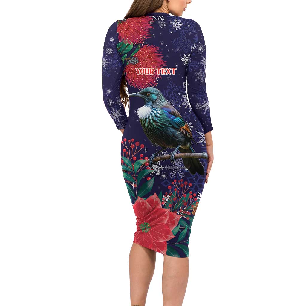 Tui Meri Kirihimete Personalised Long Sleeve Bodycon Dress Pohutukawa Flowers Blue Motif - Polynesian Pride
