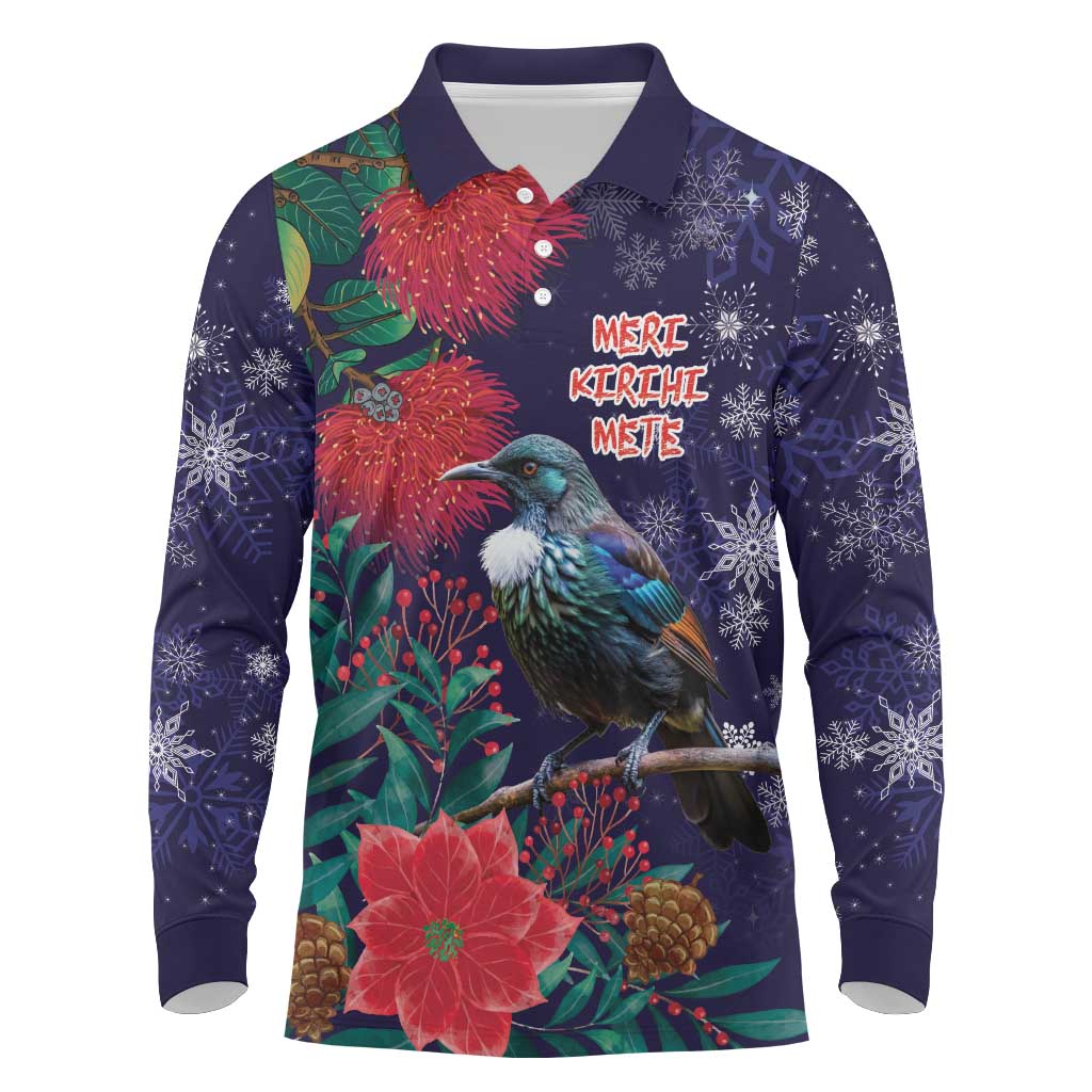 Tui Meri Kirihimete Personalised Long Sleeve Polo Shirt Pohutukawa Flowers Blue Motif - Polynesian Pride