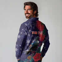 Tui Meri Kirihimete Personalised Long Sleeve Polo Shirt Pohutukawa Flowers Blue Motif - Polynesian Pride