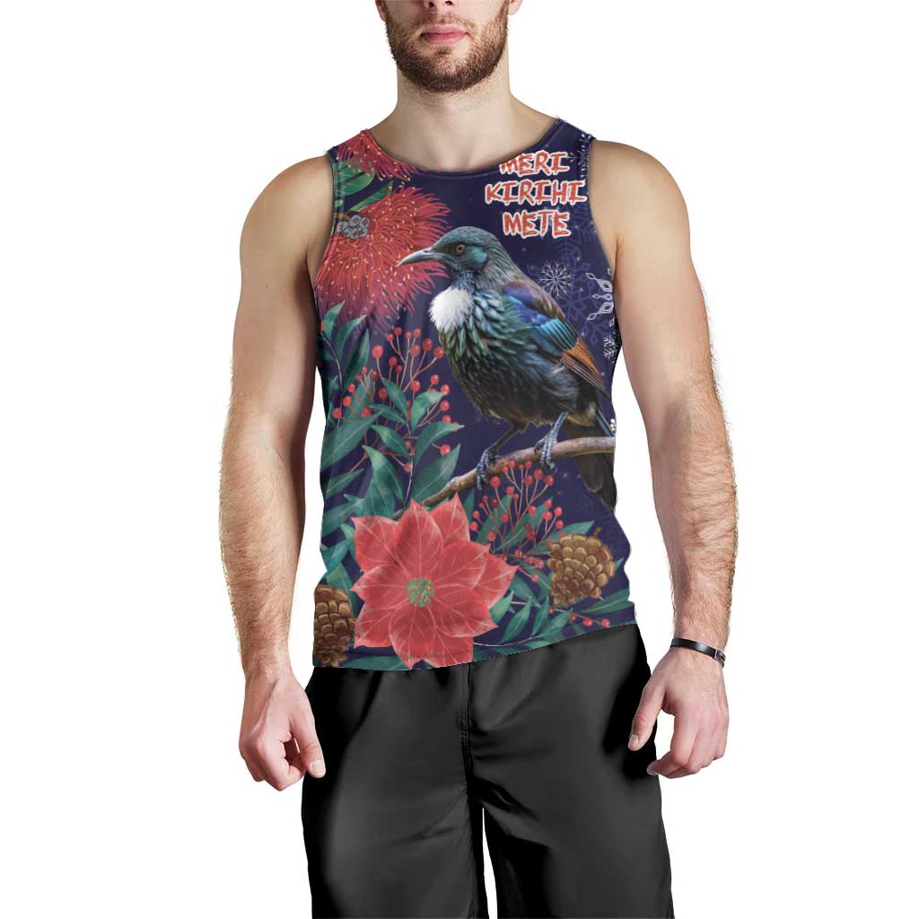 Tui Meri Kirihimete Personalised Men Tank Top Pohutukawa Flowers Blue Motif - Polynesian Pride