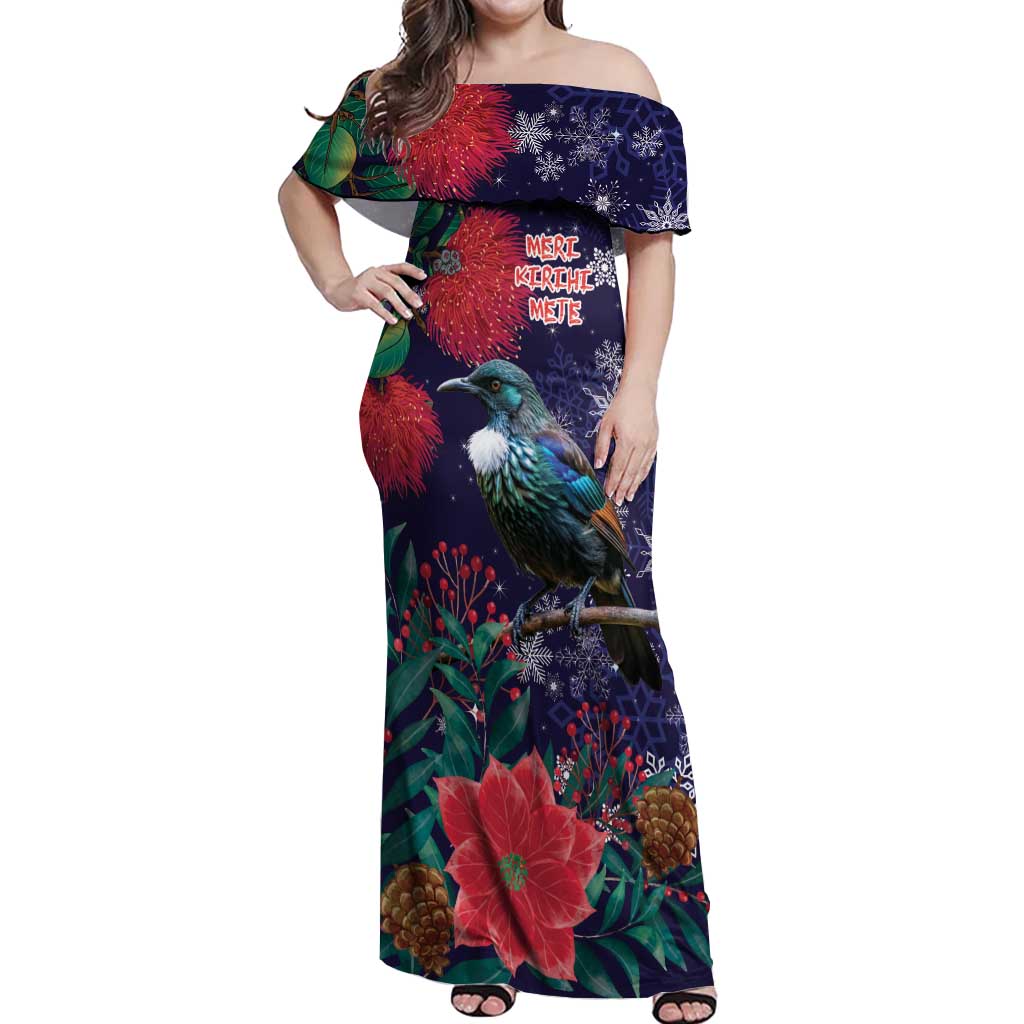 Tui Meri Kirihimete Personalised Off Shoulder Maxi Dress Pohutukawa Flowers Blue Motif - Polynesian Pride