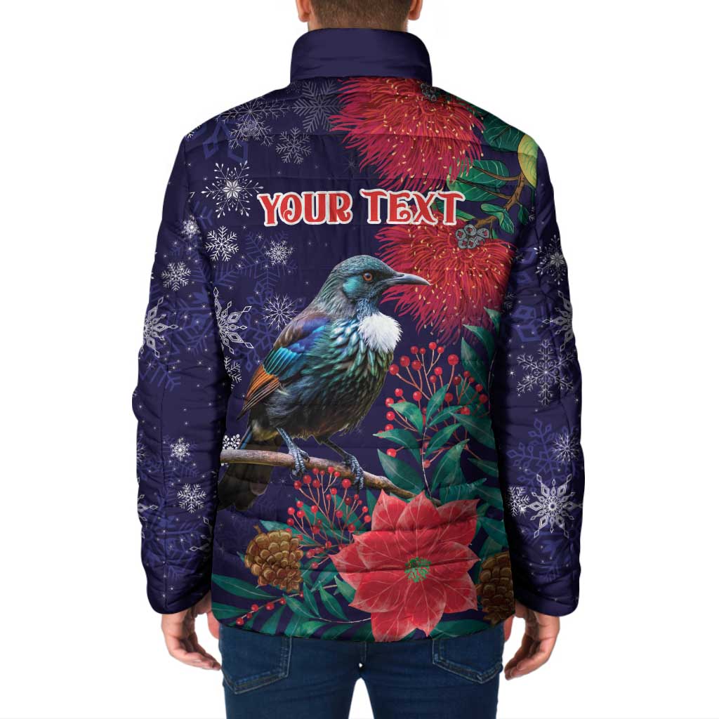 Tui Meri Kirihimete Personalised Padded Jacket Pohutukawa Flowers Blue Motif - Polynesian Pride