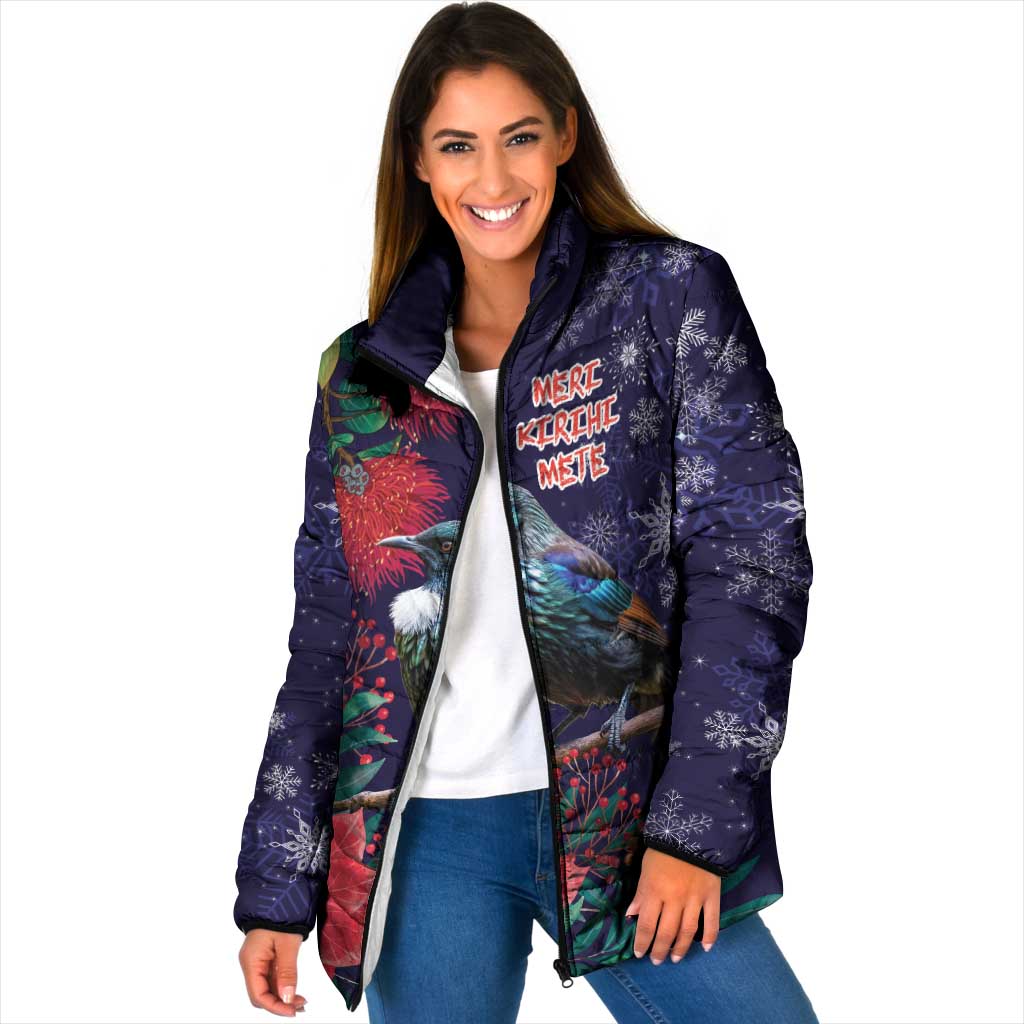 Tui Meri Kirihimete Personalised Padded Jacket Pohutukawa Flowers Blue Motif - Polynesian Pride
