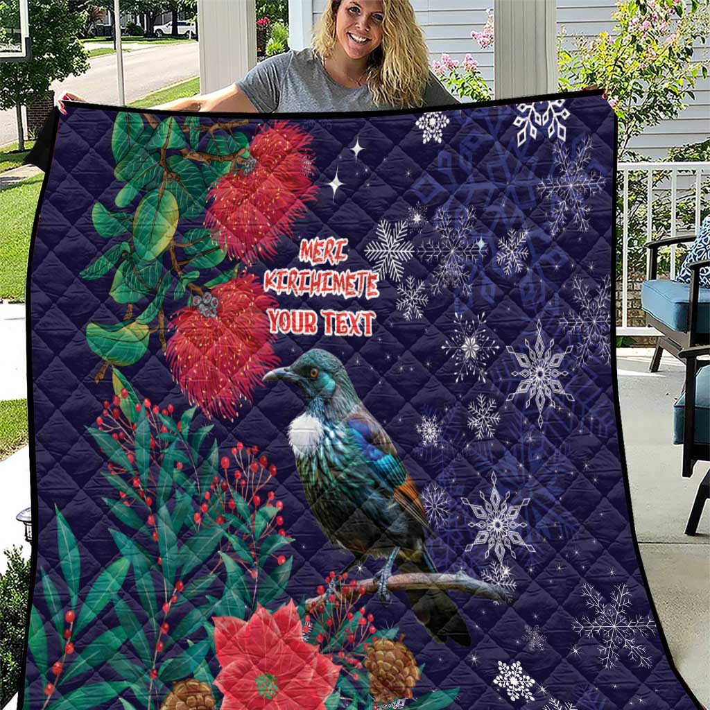Tui Meri Kirihimete Personalised Quilt Pohutukawa Flowers Blue Motif LT9 Blue - Polynesian Pride