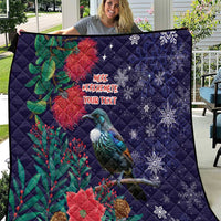 Tui Meri Kirihimete Personalised Quilt Pohutukawa Flowers Blue Motif - Polynesian Pride