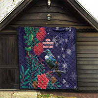 Tui Meri Kirihimete Personalised Quilt Pohutukawa Flowers Blue Motif - Polynesian Pride