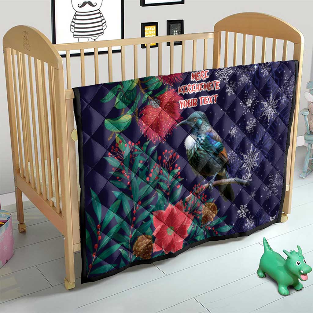 Tui Meri Kirihimete Personalised Quilt Pohutukawa Flowers Blue Motif - Polynesian Pride