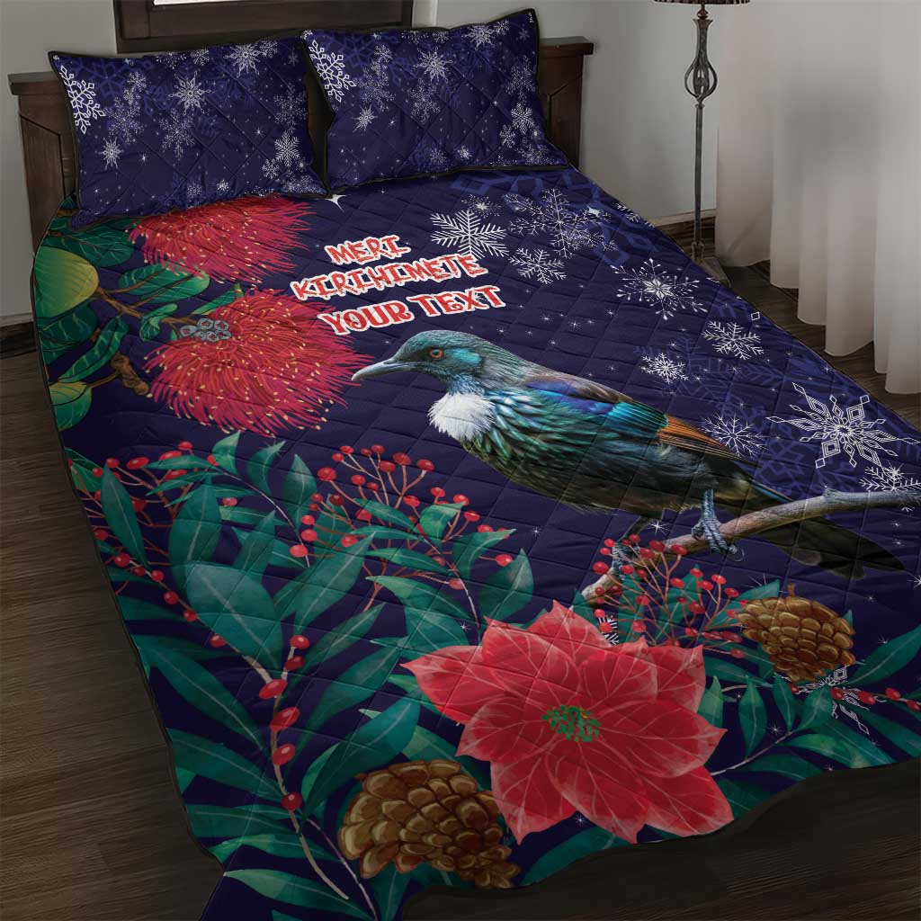 Tui Meri Kirihimete Personalised Quilt Bed Set Pohutukawa Flowers Blue Motif LT9 Blue - Polynesian Pride