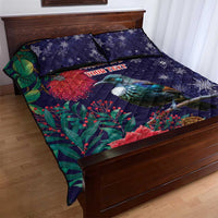 Tui Meri Kirihimete Personalised Quilt Bed Set Pohutukawa Flowers Blue Motif - Polynesian Pride