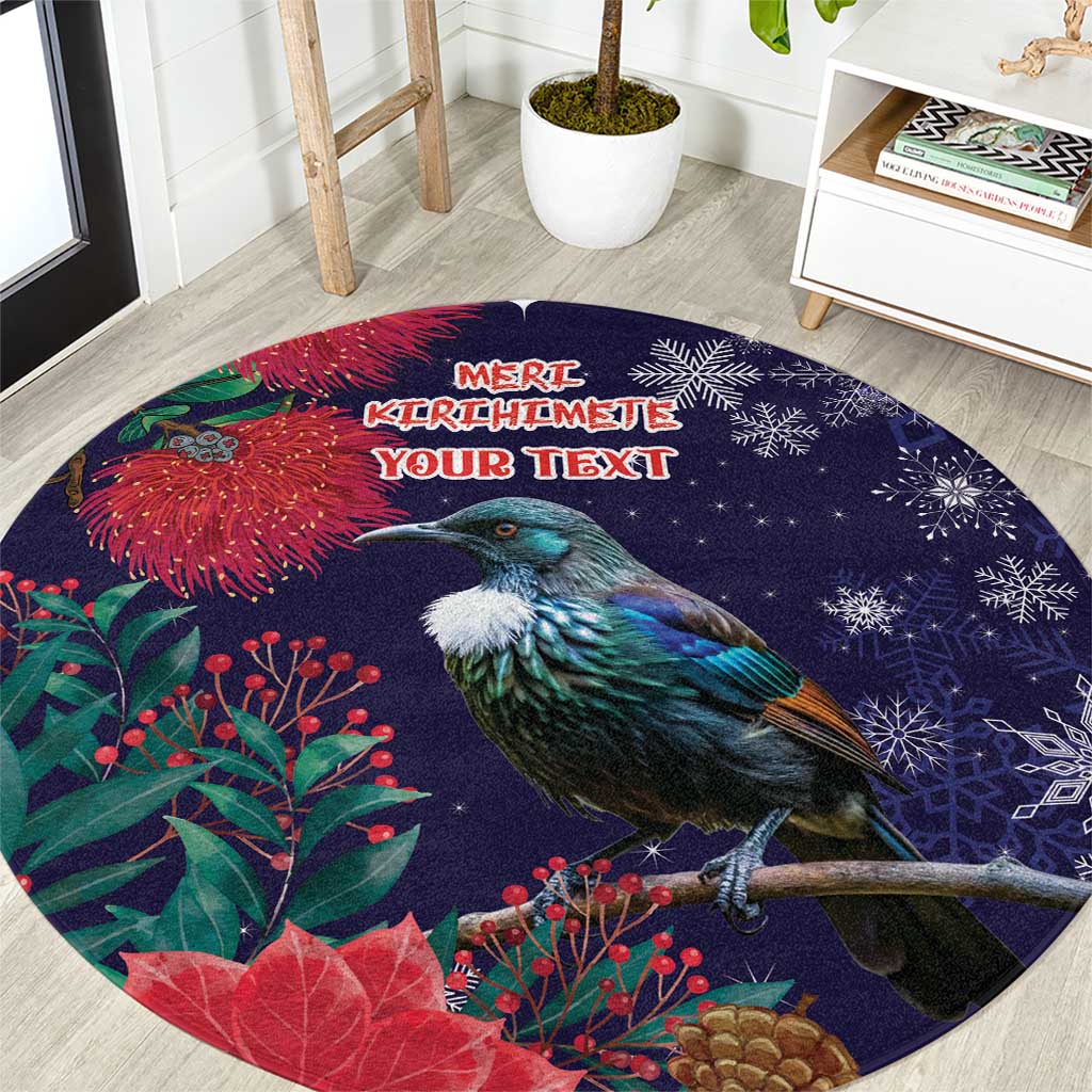 Tui Meri Kirihimete Personalised Round Carpet Pohutukawa Flowers Blue Motif - Polynesian Pride