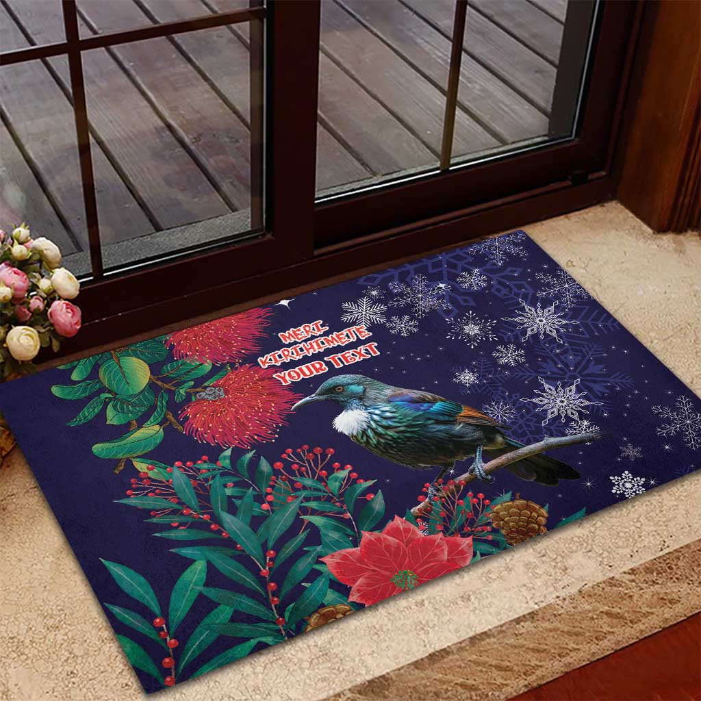 Tui Meri Kirihimete Personalised Rubber Doormat Pohutukawa Flowers Blue Motif - Polynesian Pride