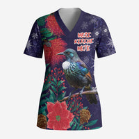 Tui Meri Kirihimete Personalised Scrub Top Pohutukawa Flowers Blue Motif - Polynesian Pride