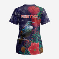 Tui Meri Kirihimete Personalised Scrub Top Pohutukawa Flowers Blue Motif - Polynesian Pride