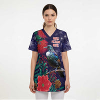 Tui Meri Kirihimete Personalised Scrub Top Pohutukawa Flowers Blue Motif - Polynesian Pride