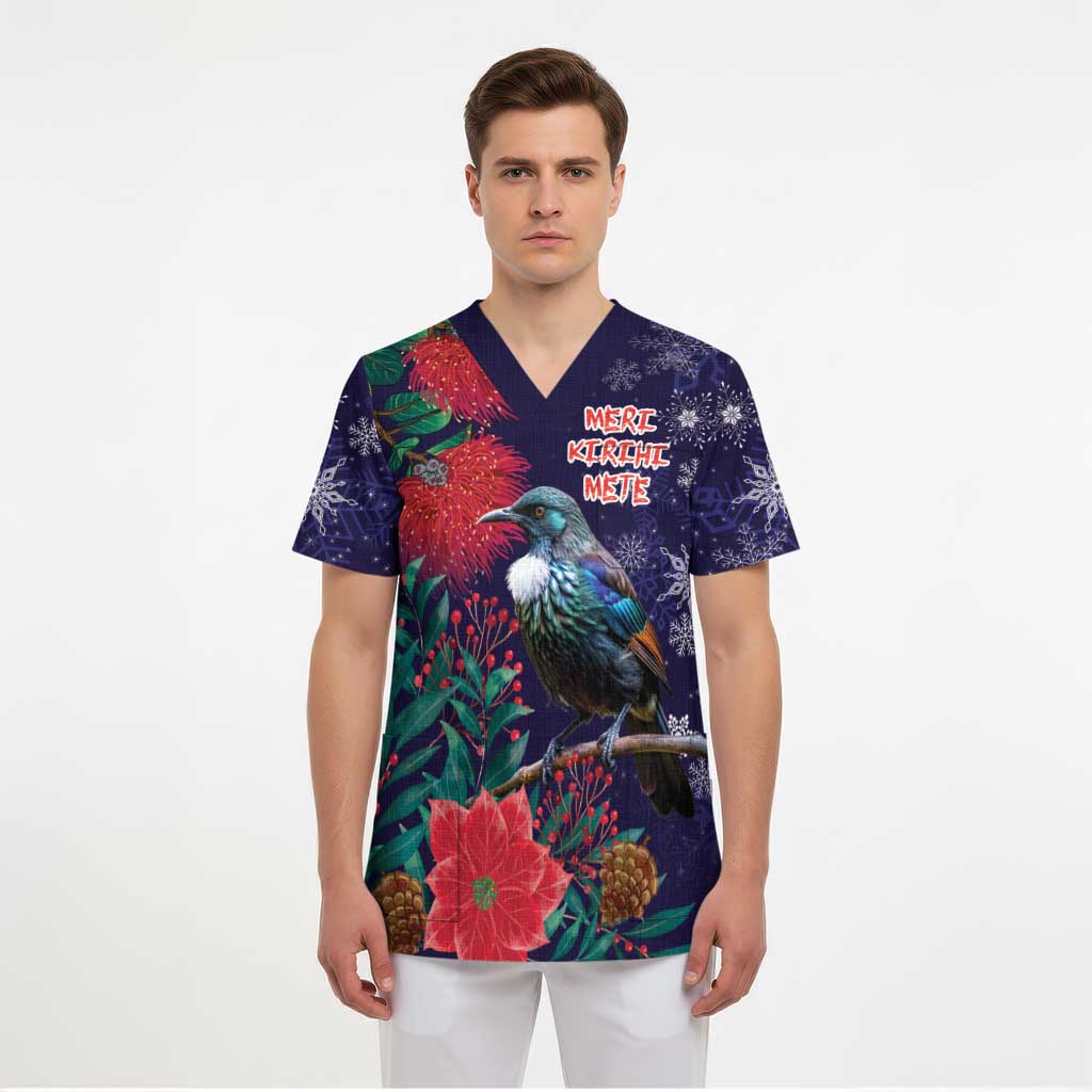 Tui Meri Kirihimete Personalised Scrub Top Pohutukawa Flowers Blue Motif - Polynesian Pride