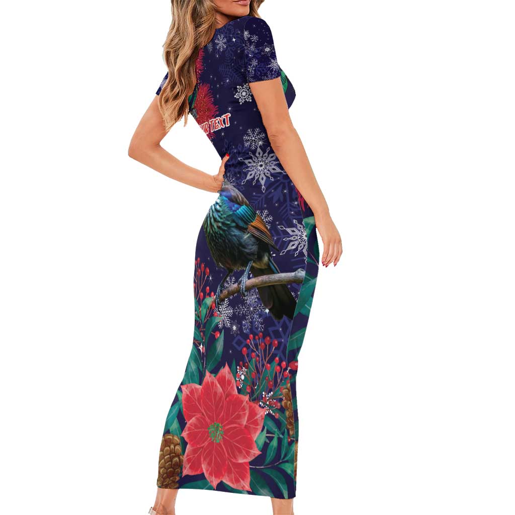 Tui Meri Kirihimete Personalised Short Sleeve Bodycon Dress Pohutukawa Flowers Blue Motif - Polynesian Pride