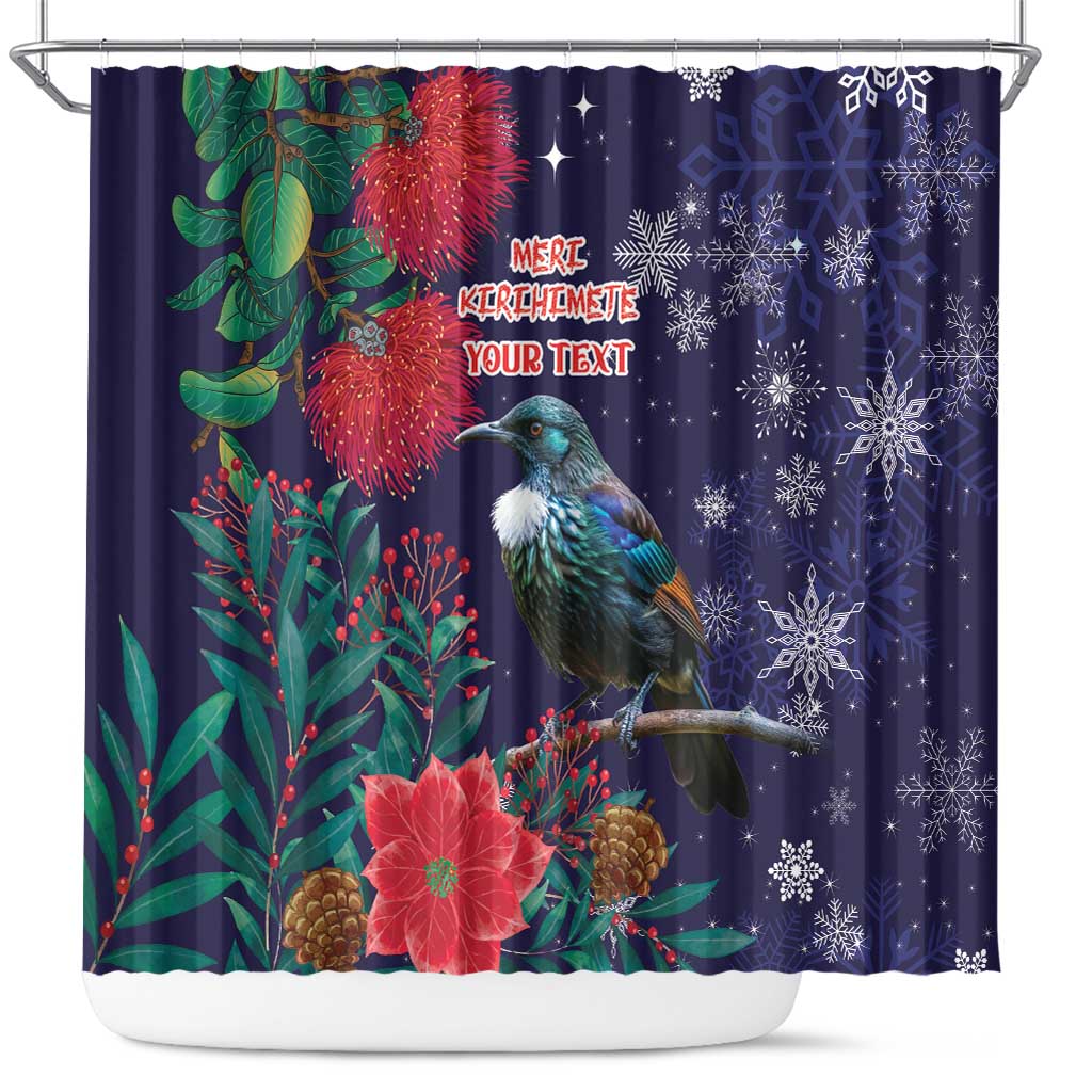Tui Meri Kirihimete Personalised Shower Curtain Pohutukawa Flowers Blue Motif LT9 Blue - Polynesian Pride