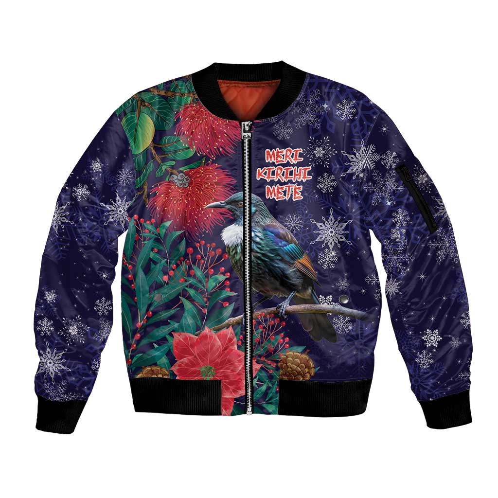 Tui Meri Kirihimete Personalised Sleeve Zip Bomber Jacket Pohutukawa Flowers Blue Motif - Polynesian Pride