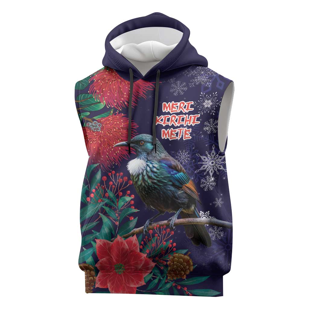 Tui Meri Kirihimete Personalised Sleeveless Hoodie Pohutukawa Flowers Blue Motif - Polynesian Pride