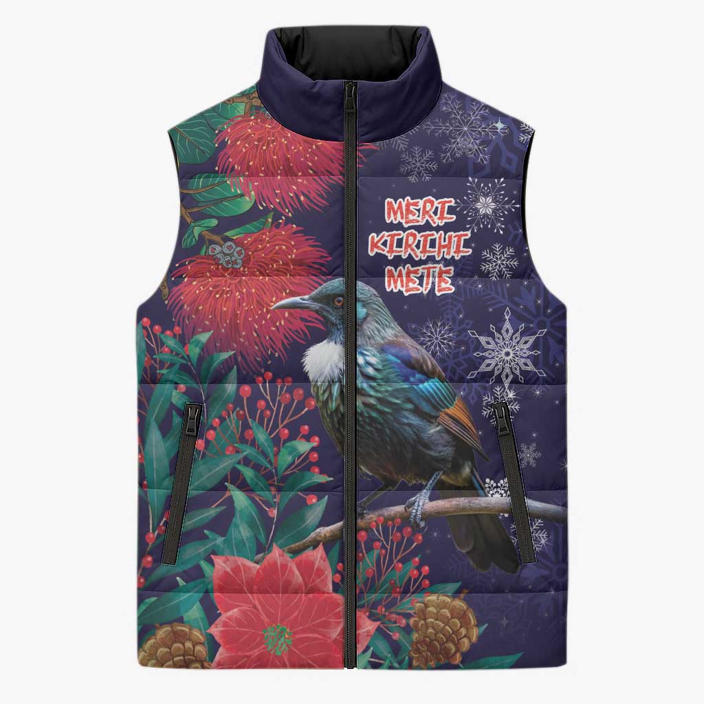 Tui Meri Kirihimete Personalised Sleeveless Puffer Jacket Pohutukawa Flowers Blue Motif - Polynesian Pride
