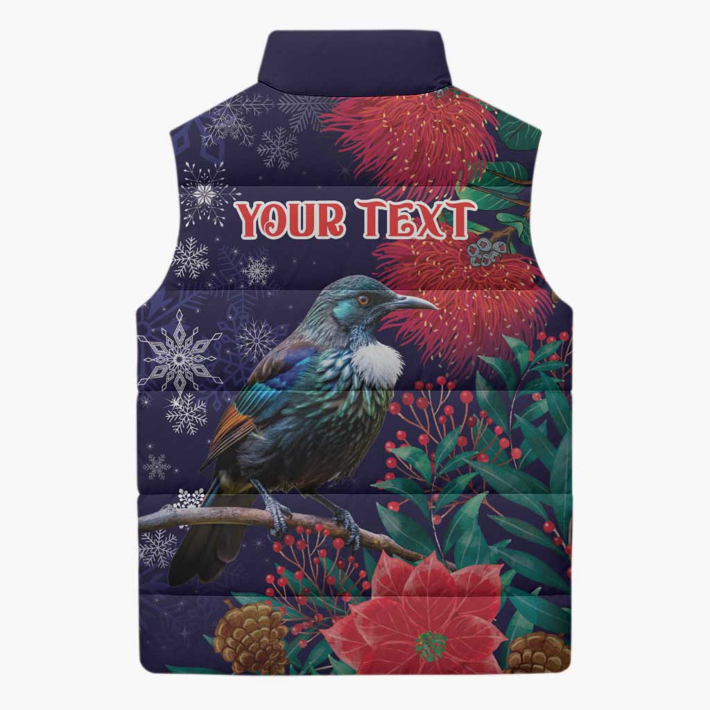 Tui Meri Kirihimete Personalised Sleeveless Puffer Jacket Pohutukawa Flowers Blue Motif - Polynesian Pride