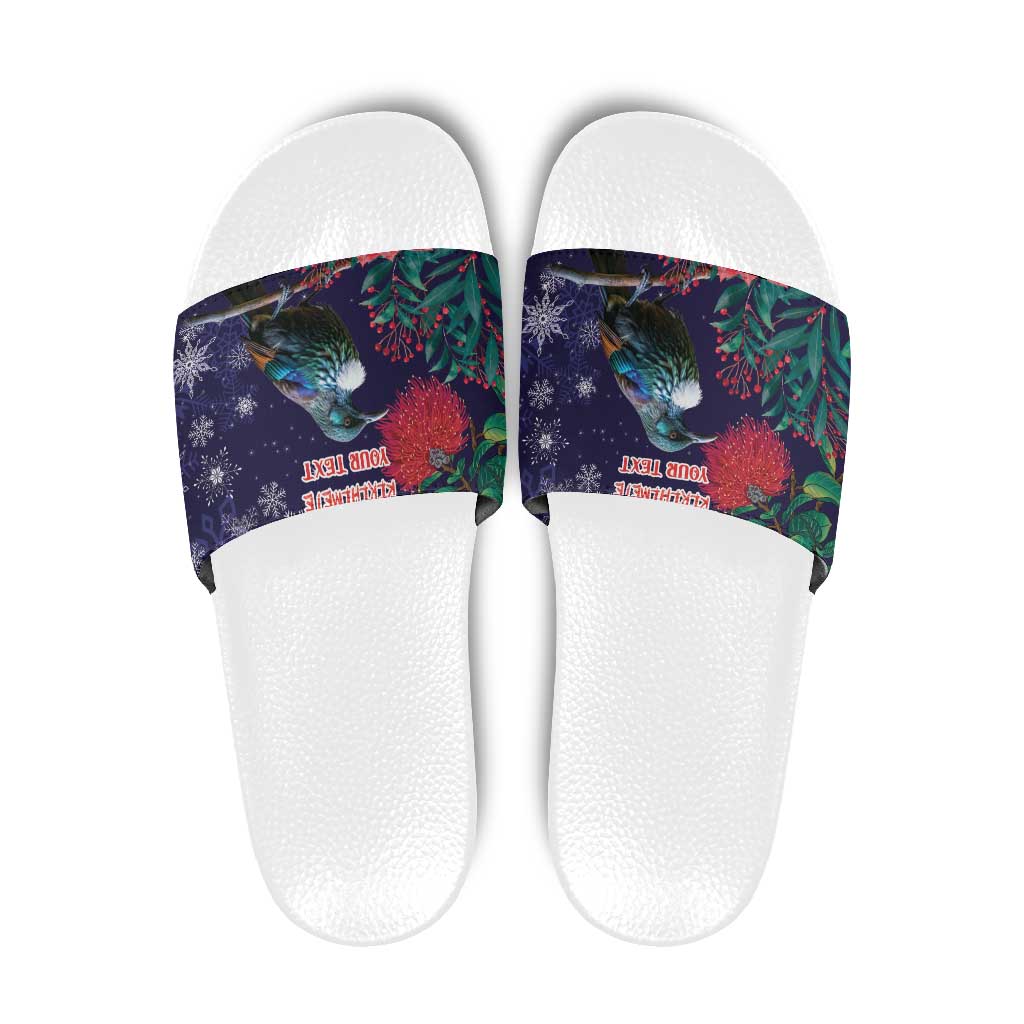 Tui Meri Kirihimete Personalised Slide Sandals Pohutukawa Flowers Blue Motif - Polynesian Pride