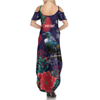 Tui Meri Kirihimete Personalised Summer Maxi Dress Pohutukawa Flowers Blue Motif - Polynesian Pride