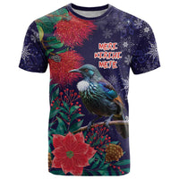 Tui Meri Kirihimete Personalised T Shirt Pohutukawa Flowers Blue Motif - Polynesian Pride