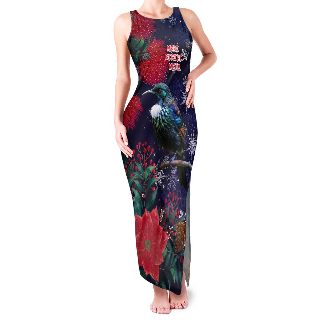 Tui Meri Kirihimete Personalised Tank Maxi Dress Pohutukawa Flowers Blue Motif - Polynesian Pride