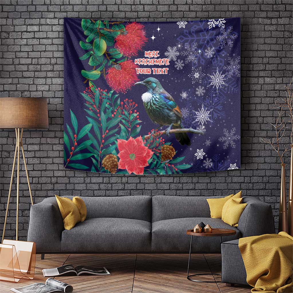 Tui Meri Kirihimete Personalised Tapestry Pohutukawa Flowers Blue Motif LT9 Blue - Polynesian Pride