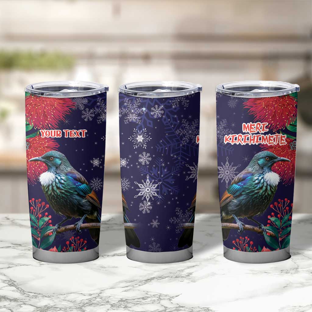 Tui Meri Kirihimete Personalised Tumbler Cup Pohutukawa Flowers Blue Motif - Polynesian Pride
