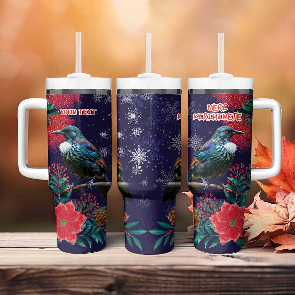 Tui Meri Kirihimete Personalised Tumbler With Handle Pohutukawa Flowers Blue Motif - Polynesian Pride