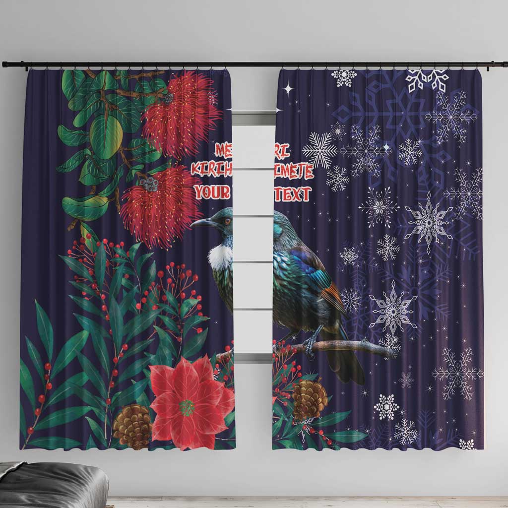 Tui Meri Kirihimete Personalised Window Curtain Pohutukawa Flowers Blue Motif LT9 With Hooks Blue - Polynesian Pride
