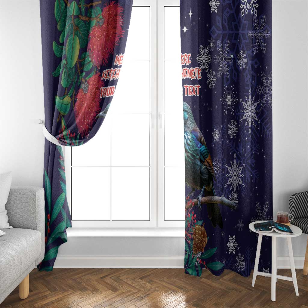 Tui Meri Kirihimete Personalised Window Curtain Pohutukawa Flowers Blue Motif - Polynesian Pride
