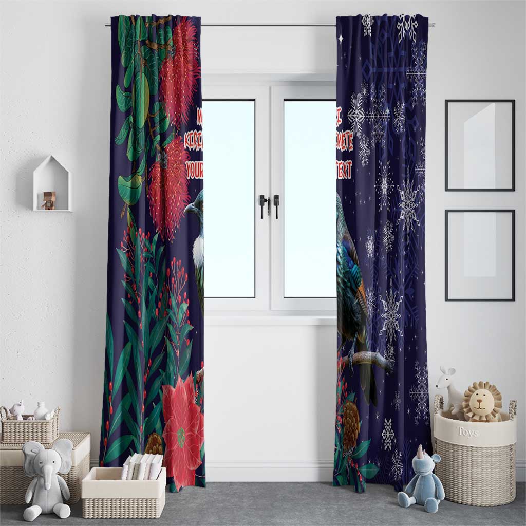 Tui Meri Kirihimete Personalised Window Curtain Pohutukawa Flowers Blue Motif - Polynesian Pride