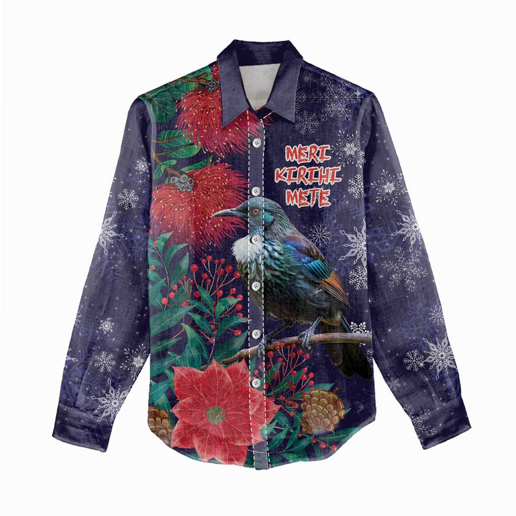 Tui Meri Kirihimete Personalised Women Casual Shirt Pohutukawa Flowers Blue Motif - Polynesian Pride