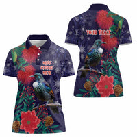 Tui Meri Kirihimete Personalised Women Polo Shirt Pohutukawa Flowers Blue Motif - Polynesian Pride