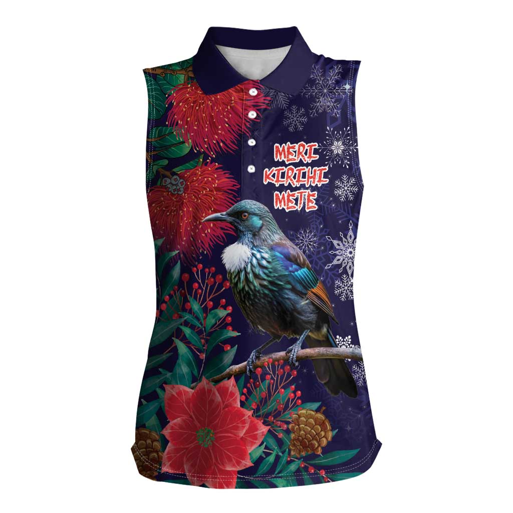 Tui Meri Kirihimete Personalised Women Sleeveless Polo Shirt Pohutukawa Flowers Blue Motif - Polynesian Pride