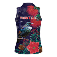 Tui Meri Kirihimete Personalised Women Sleeveless Polo Shirt Pohutukawa Flowers Blue Motif - Polynesian Pride