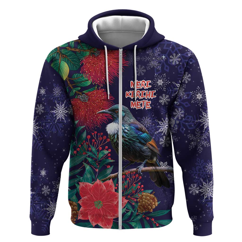Tui Meri Kirihimete Personalised Zip Hoodie Pohutukawa Flowers Blue Motif LT9 Zip Hoodie Blue - Polynesian Pride