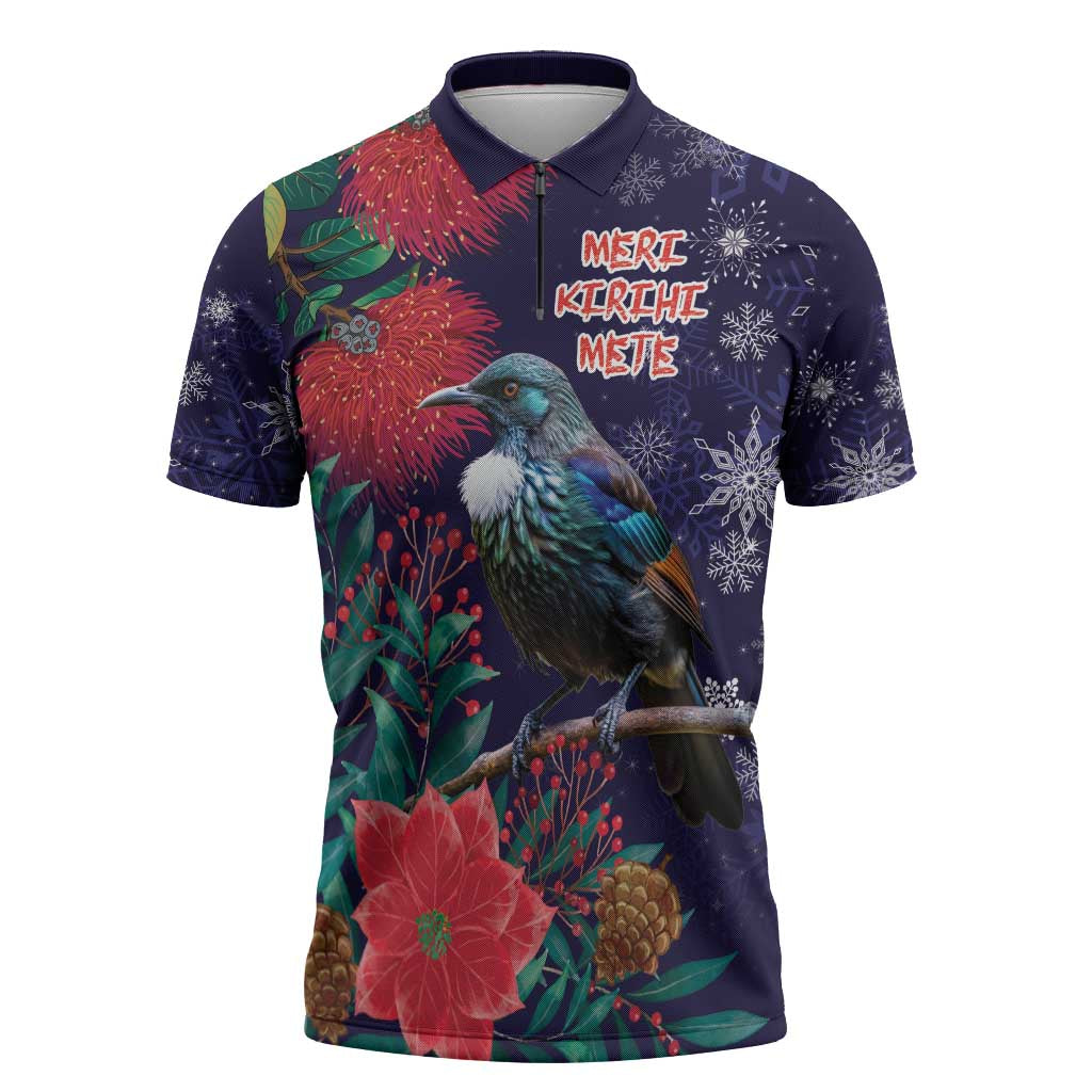Tui Meri Kirihimete Personalised Zipper Polo Shirt Pohutukawa Flowers Blue Motif - Polynesian Pride