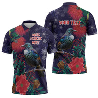 Tui Meri Kirihimete Personalised Zipper Polo Shirt Pohutukawa Flowers Blue Motif - Polynesian Pride