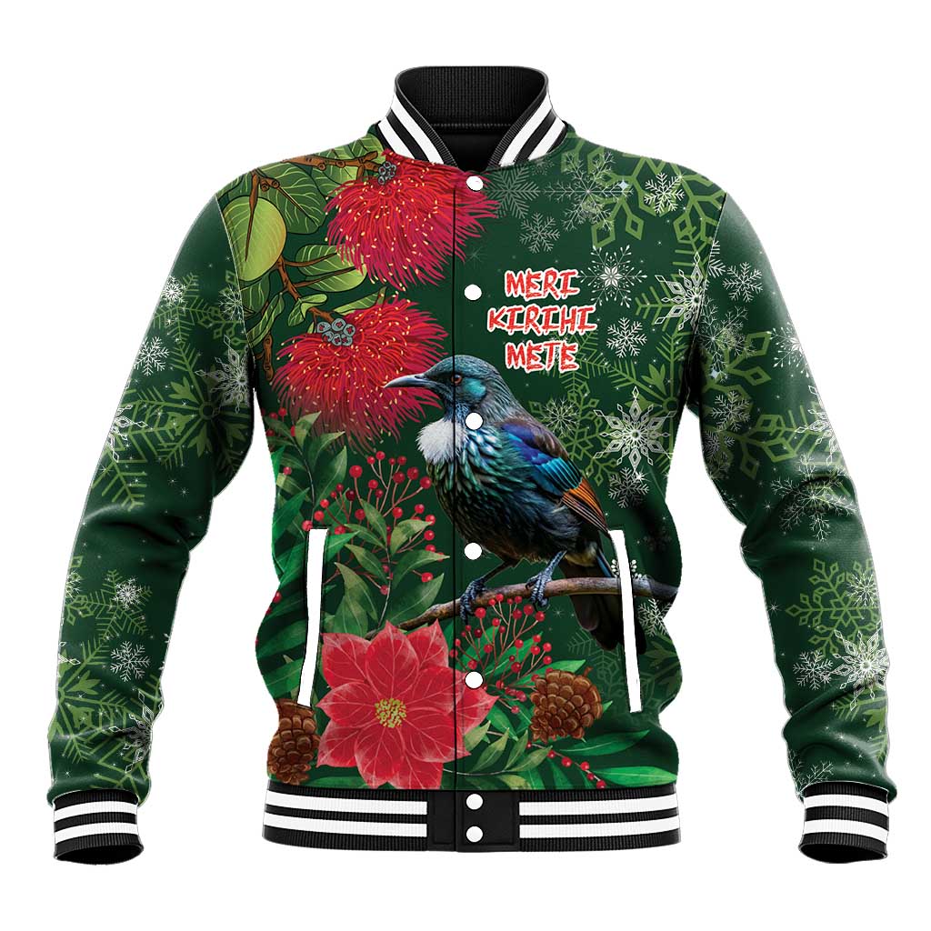 Tui Meri Kirihimete Personalised Baseball Jacket Pohutukawa Flowers Green Motif - Polynesian Pride