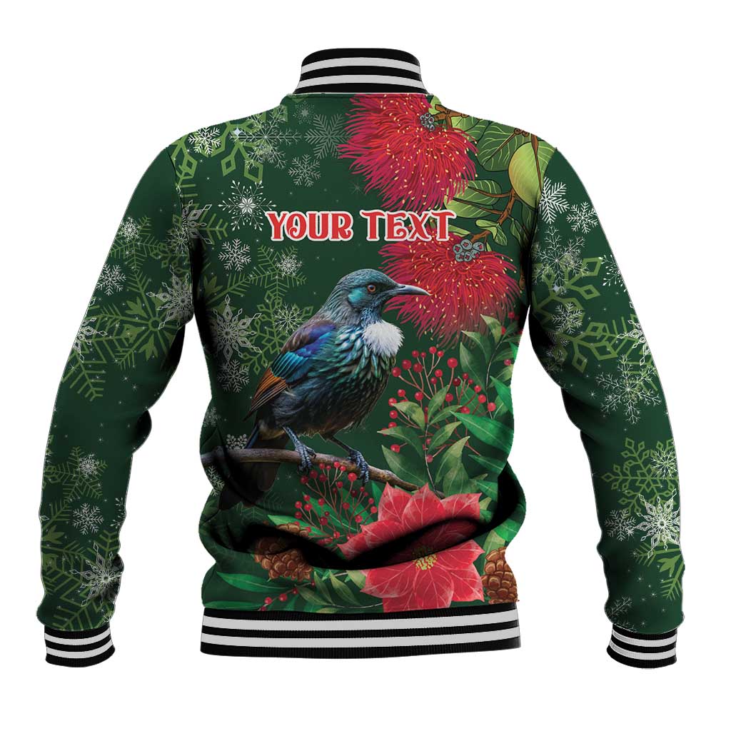 Tui Meri Kirihimete Personalised Baseball Jacket Pohutukawa Flowers Green Motif - Polynesian Pride