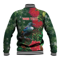 Tui Meri Kirihimete Personalised Baseball Jacket Pohutukawa Flowers Green Motif - Polynesian Pride