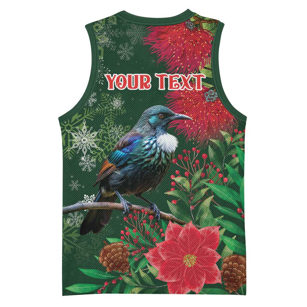 Tui Meri Kirihimete Personalised Basketball Jersey Pohutukawa Flowers Green Motif - Polynesian Pride
