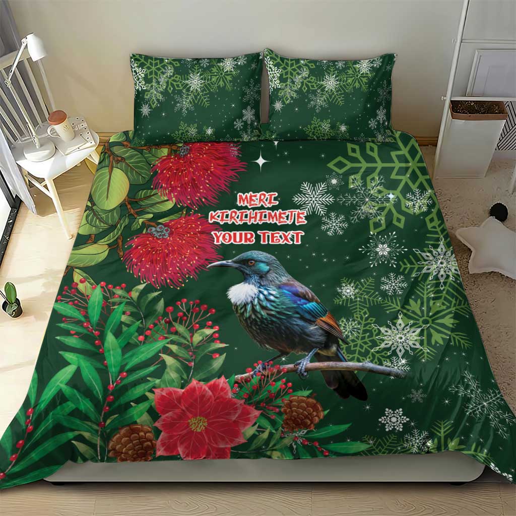 Tui Meri Kirihimete Personalised Bedding Set Pohutukawa Flowers Green Motif - Polynesian Pride